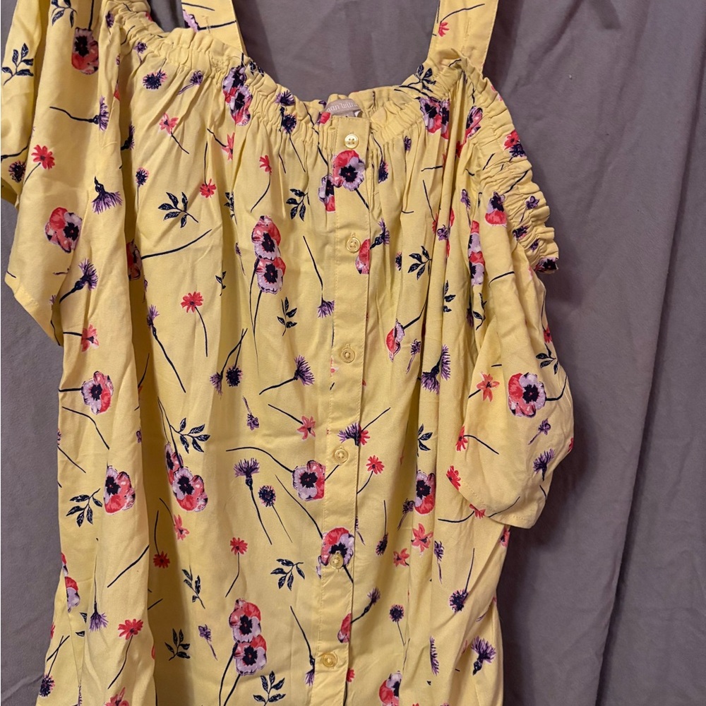 Woman Within Yellow Floral Button Down Shirt